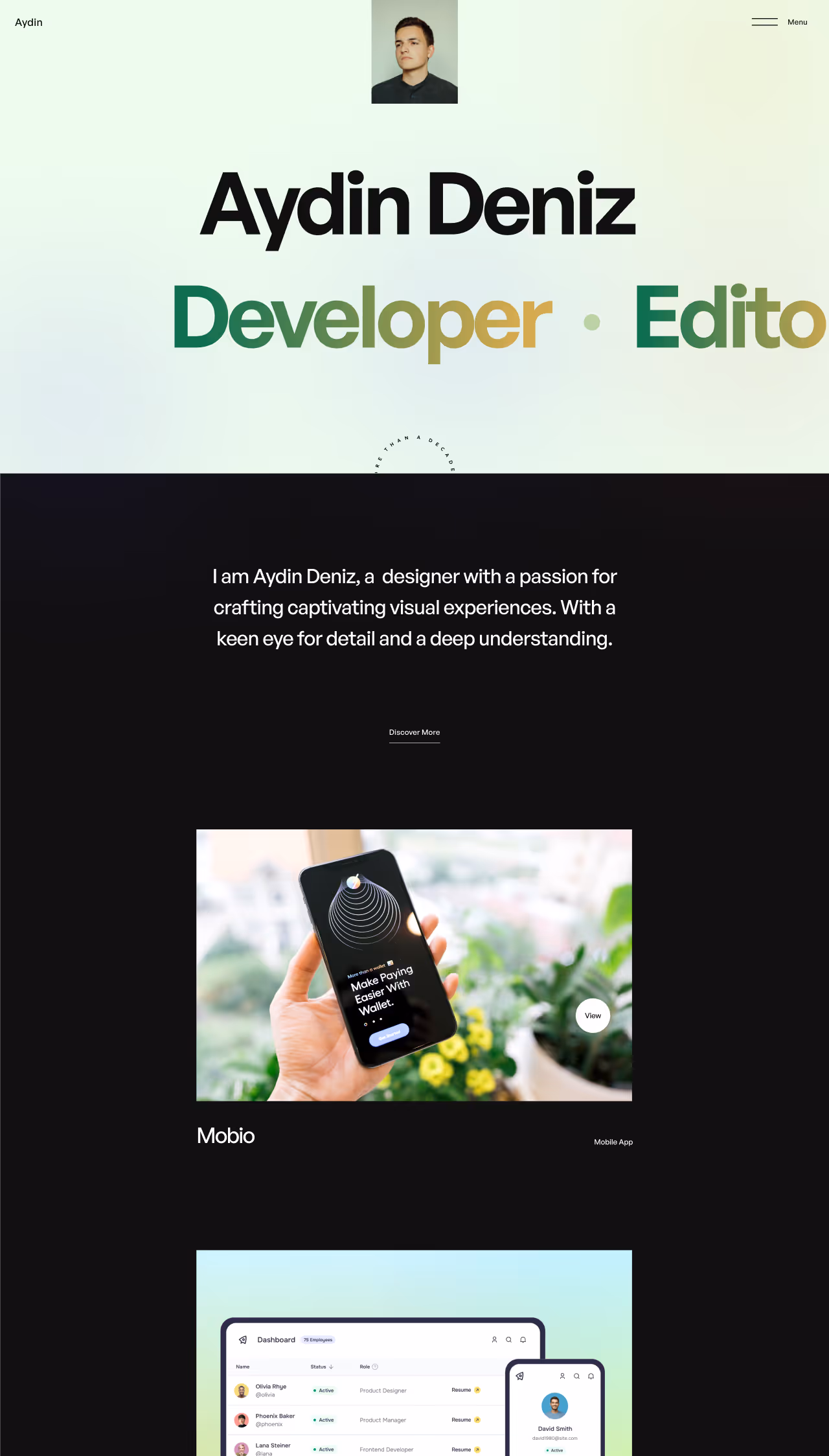 Aydin – modern and interactive Webflow template for personal or agency portfolios, built and animated by Mahek Dave