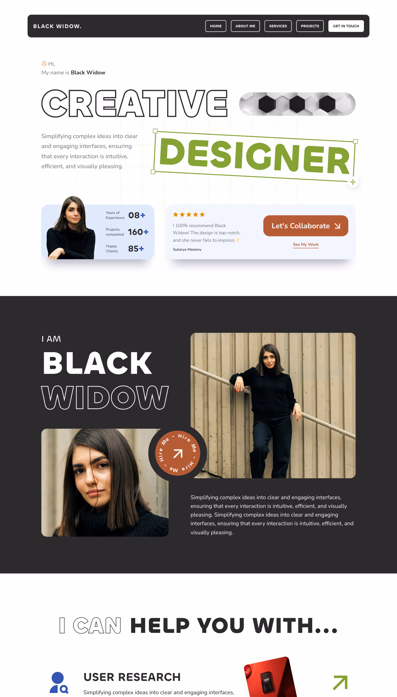 Black Widow – dark-themed landing page template fully designed, developed, and animated in Webflow by Mahek Dave