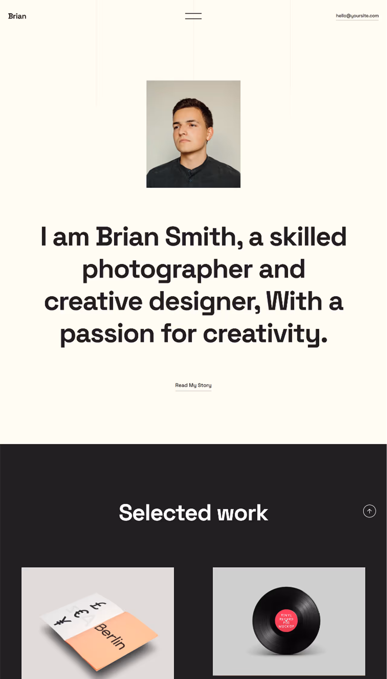 Brian Smith – modern portfolio landing page template with clean animations, developed in Webflow by Mahek Dave