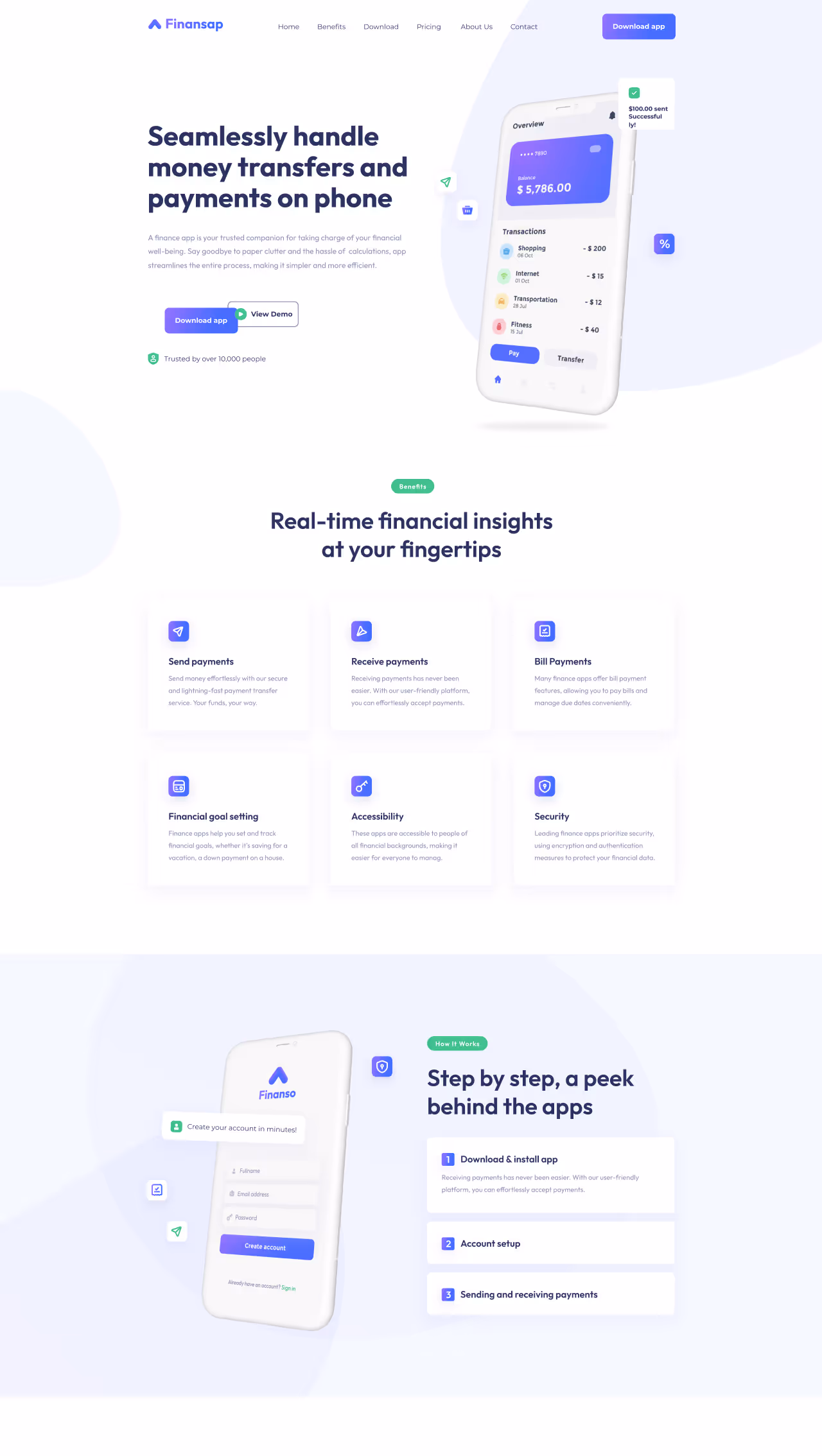 Finansap – animated finance landing page template developed in Webflow by Mahek Dave