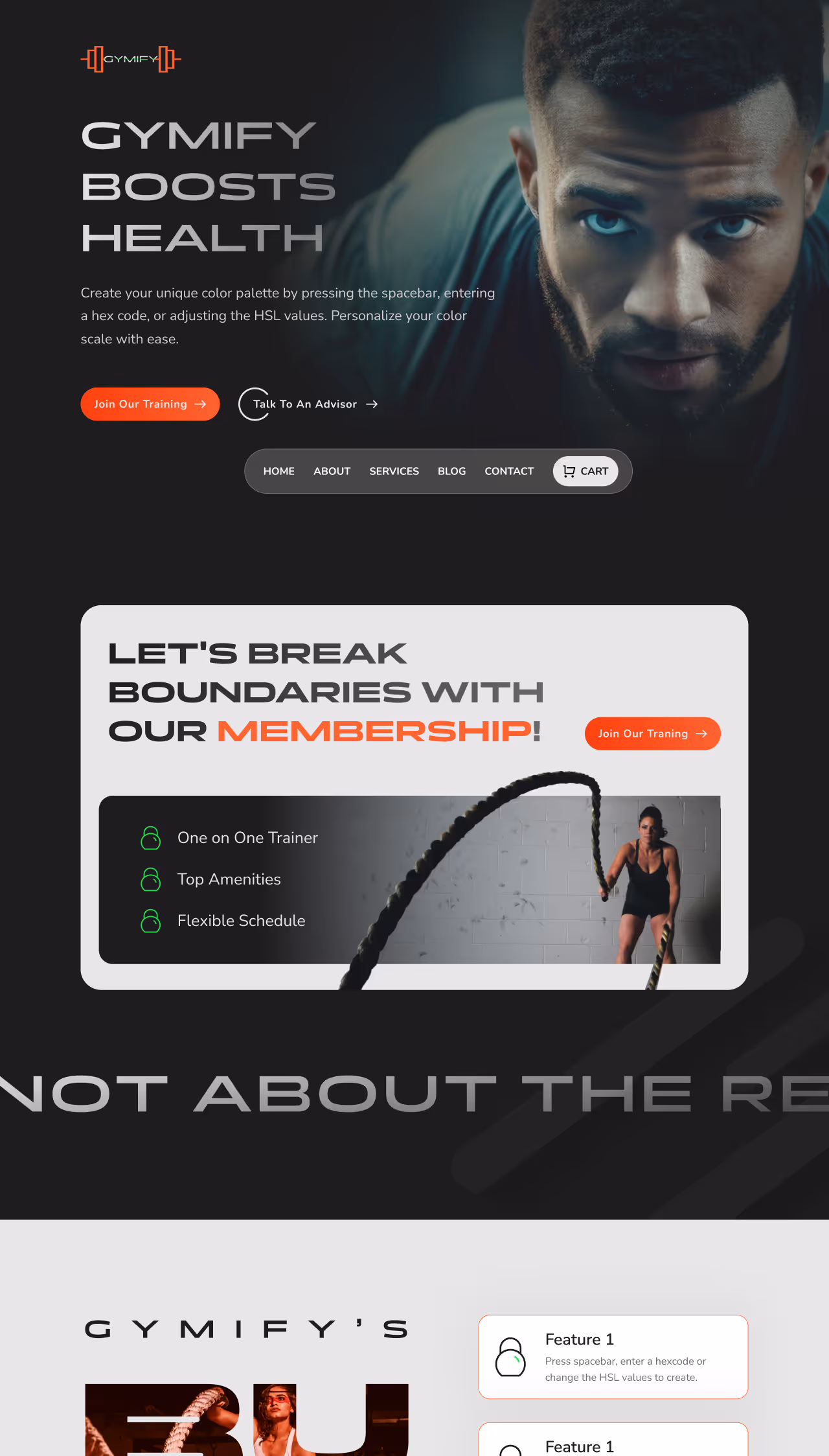 Gym Template – bold and animated Webflow landing page design for fitness trainers and gyms, created by Mahek Dave