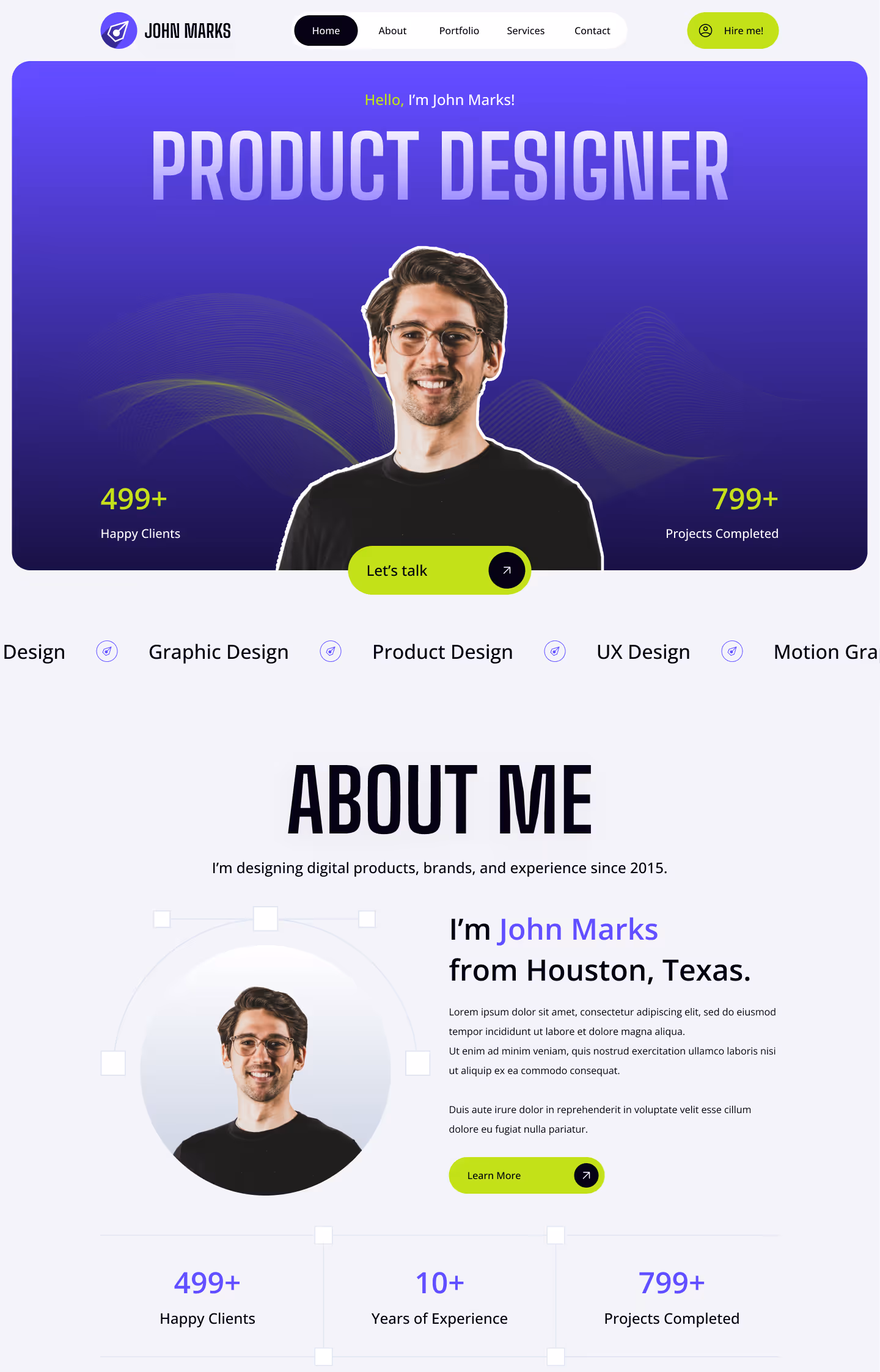 John Marks – professional portfolio landing page template with subtle animations, developed in Webflow by Mahek Dave