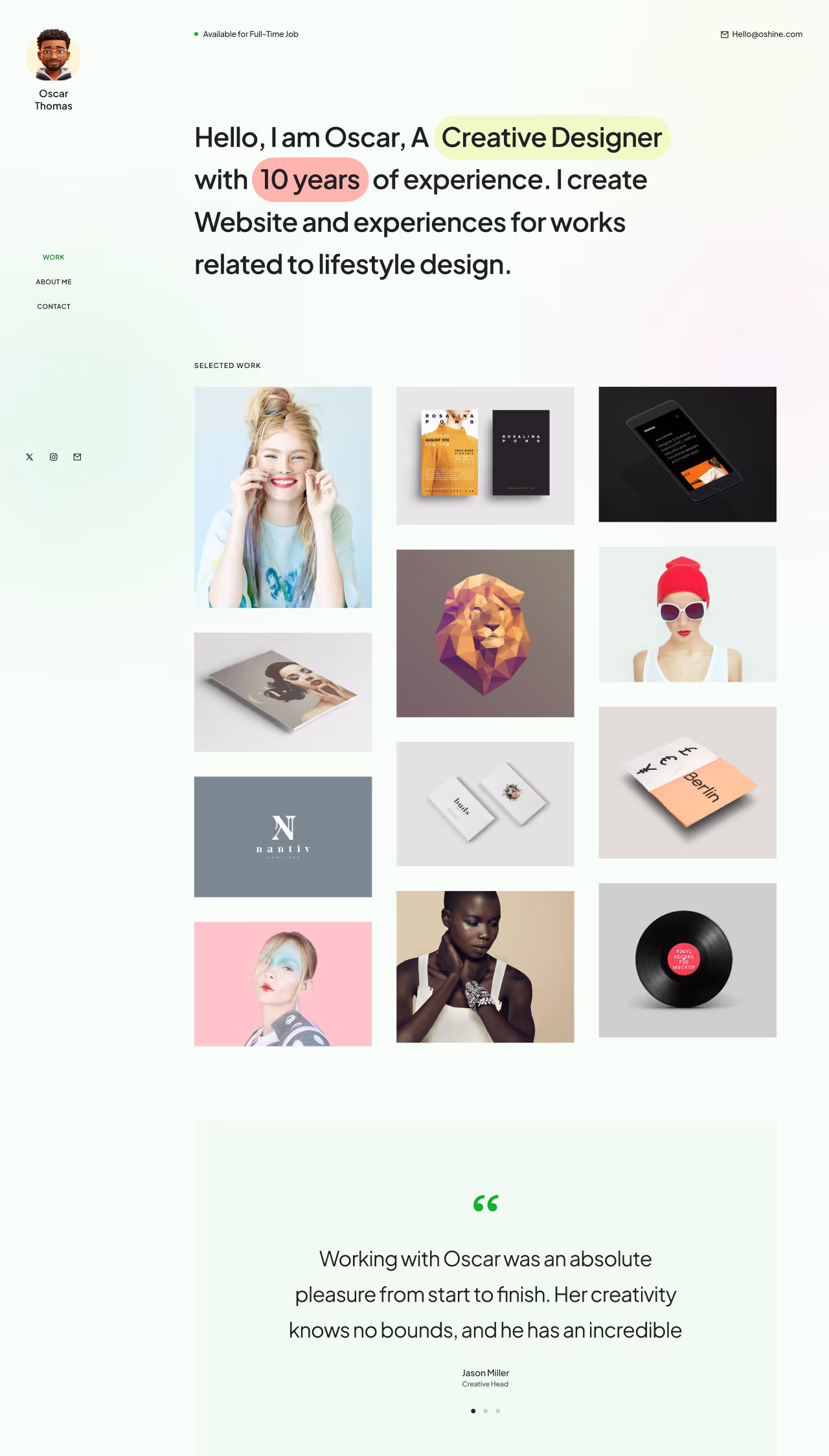 Oscar Thomas – animated personal portfolio landing page template developed in Webflow by Mahek Dave