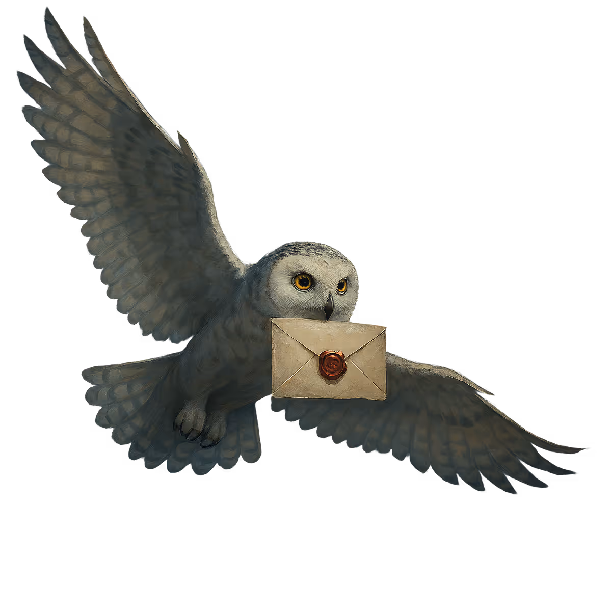 Magical owl carrying a sealed letter, symbolizing contact or message sending on Mahek Dave’s portfolio